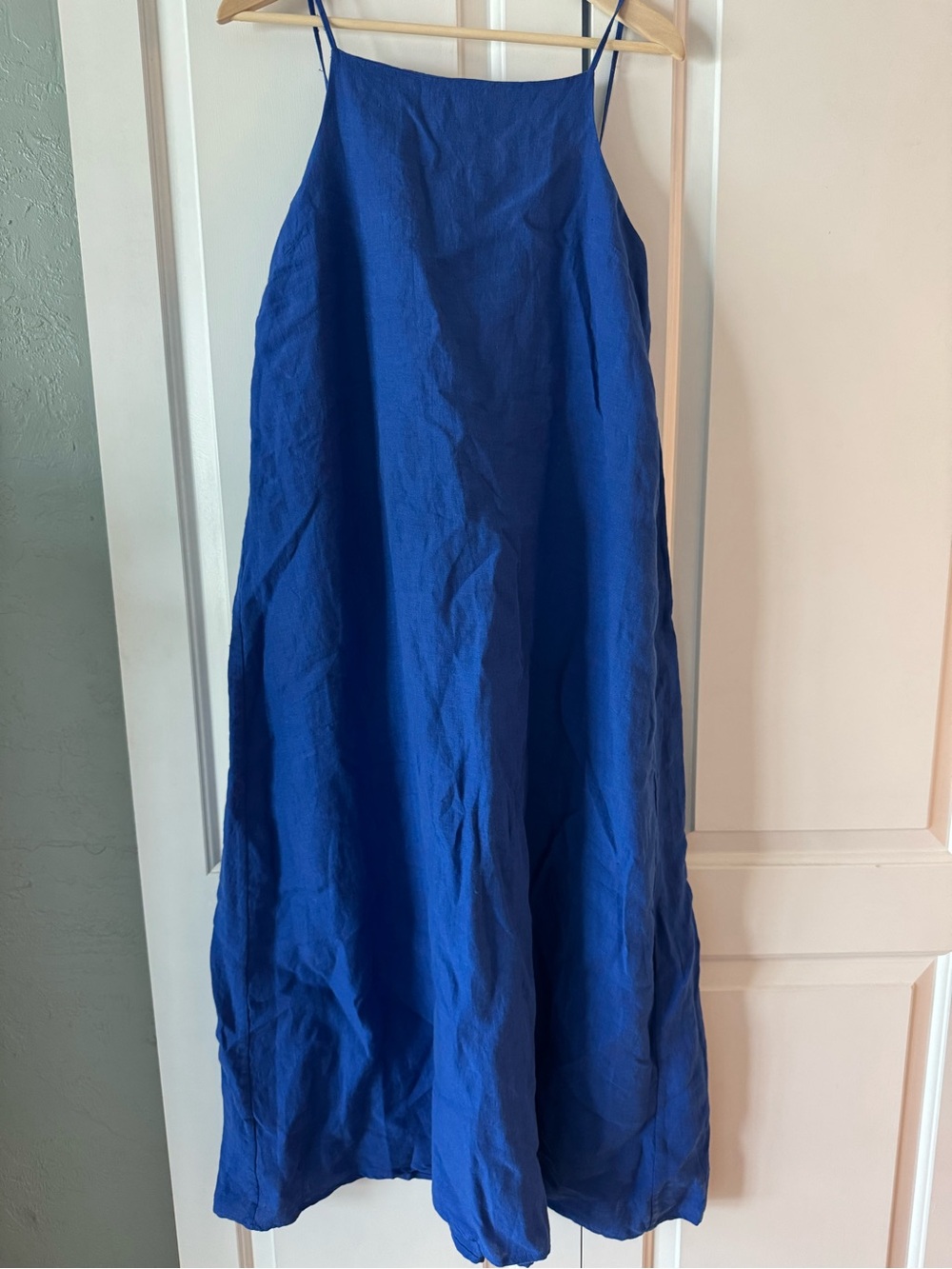 Desmond & Dempsey Blue A-Line Linen Dress with Spaghetti Straps